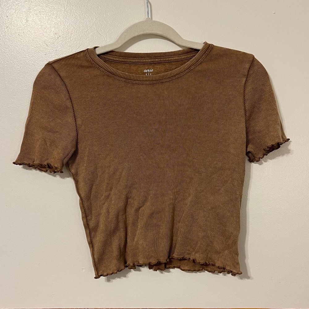 S Aerie Ribbed Lettuce-Edge Short-Sleeve Cropped Tee